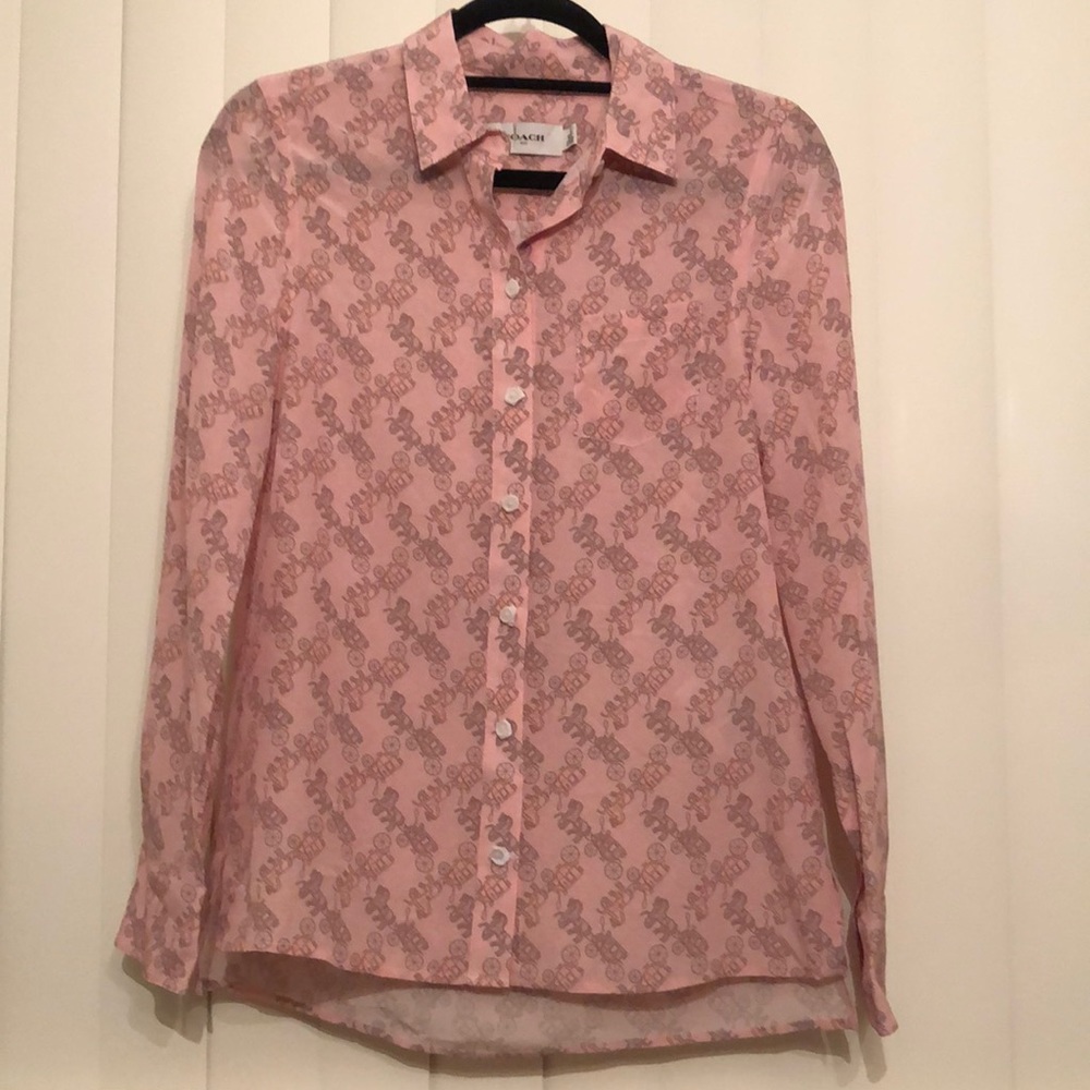 NWOT AUTHENTIC COACH HORSE AND CARRIAGE PRINT BLOUSE 100% SILK SHIRT SZ “0”